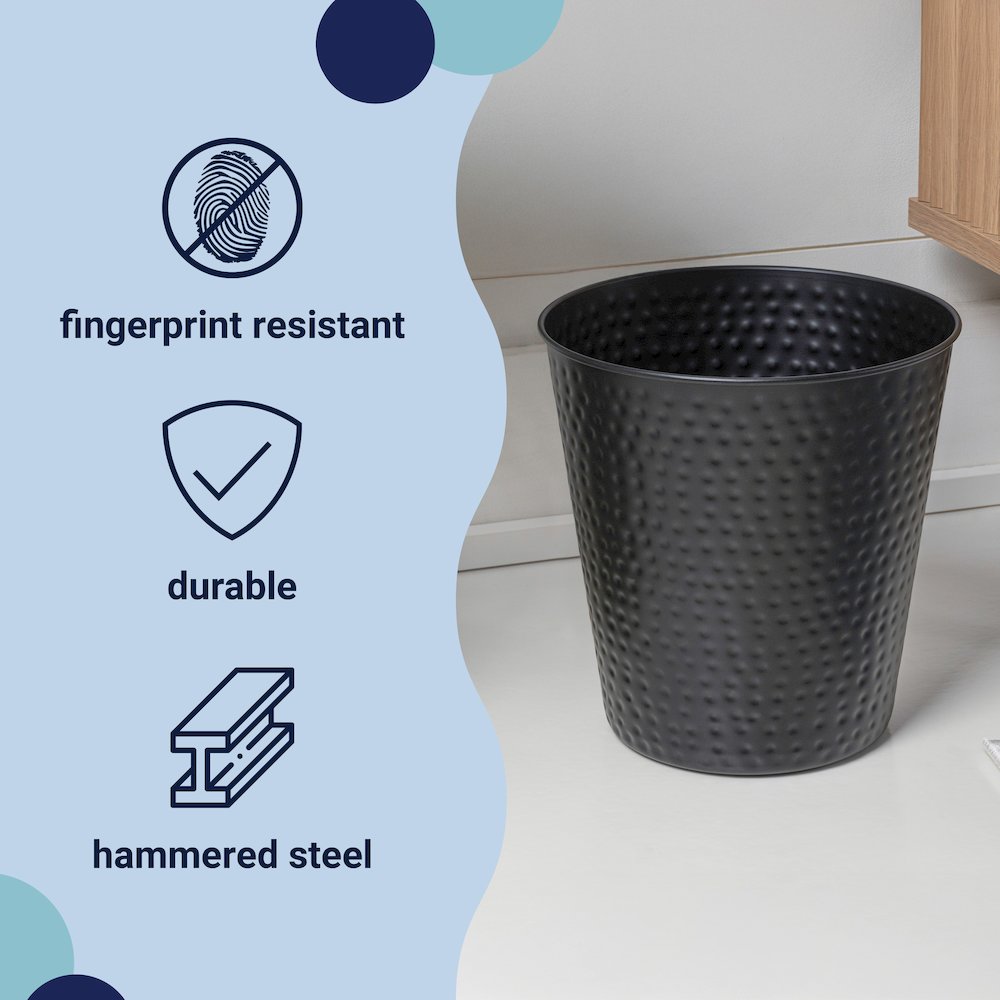 Axel Modern Minimalist Hammered Steel 2 Gal Waste Bin, Matte Black (Set of 2). Picture 2