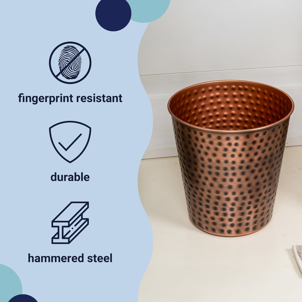 Axel Modern Minimalist Hammered Steel 2 Gal Waste Bin, Antique Copper (Set of 2). Picture 2