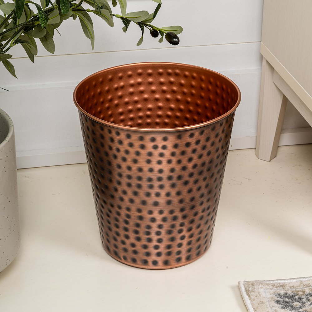 Axel Modern Minimalist Hammered Steel 2 Gal Waste Bin, Antique Copper (Set of 2). Picture 6