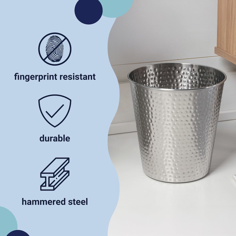 Axel Modern Minimalist Hammered Steel 2 Gal Waste Bin, Brushed Steel (Set of 2). Picture 2