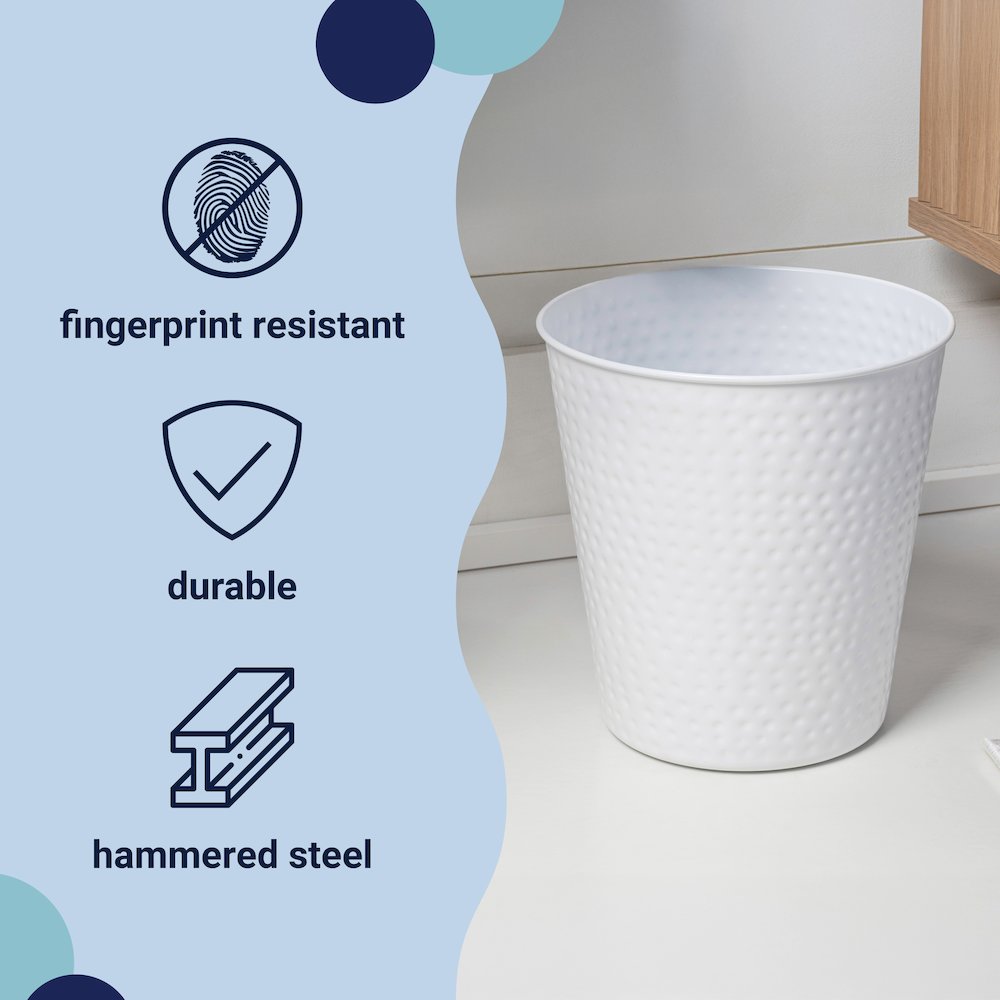 Axel Modern Minimalist Hammered Steel 2 Gal Waste Bin, Matte White (Set of 2). Picture 2