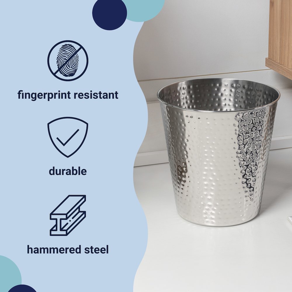 Axel Modern Minimalist Hammered Steel 2 Gal Waste Bin, Polished Steel (Set of 2). Picture 2