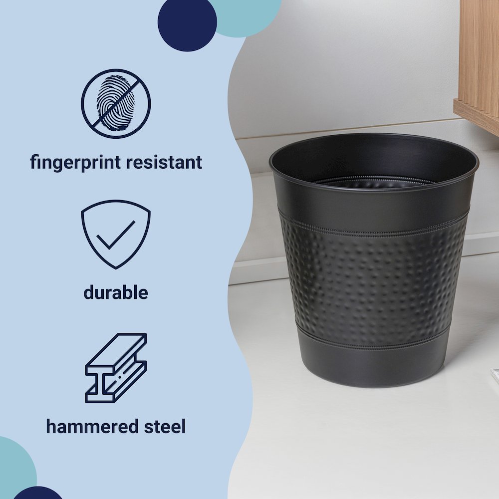 Riley Classic Hammered Steel Accent 2 Gal Waste Bin, Matte Black (Set of 2). Picture 2