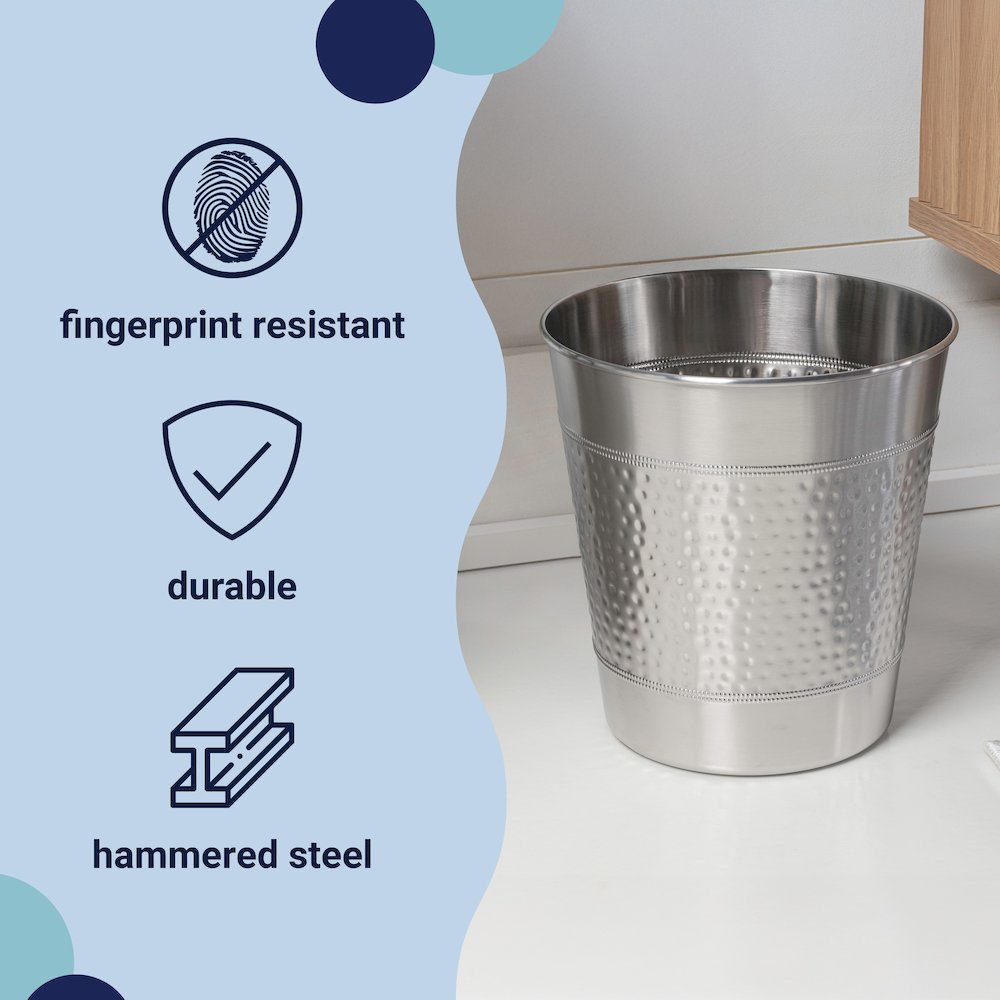 Riley Classic Hammered Steel Accent 2 Gal Waste Bin, Brushed Steel (Set of 2). Picture 2