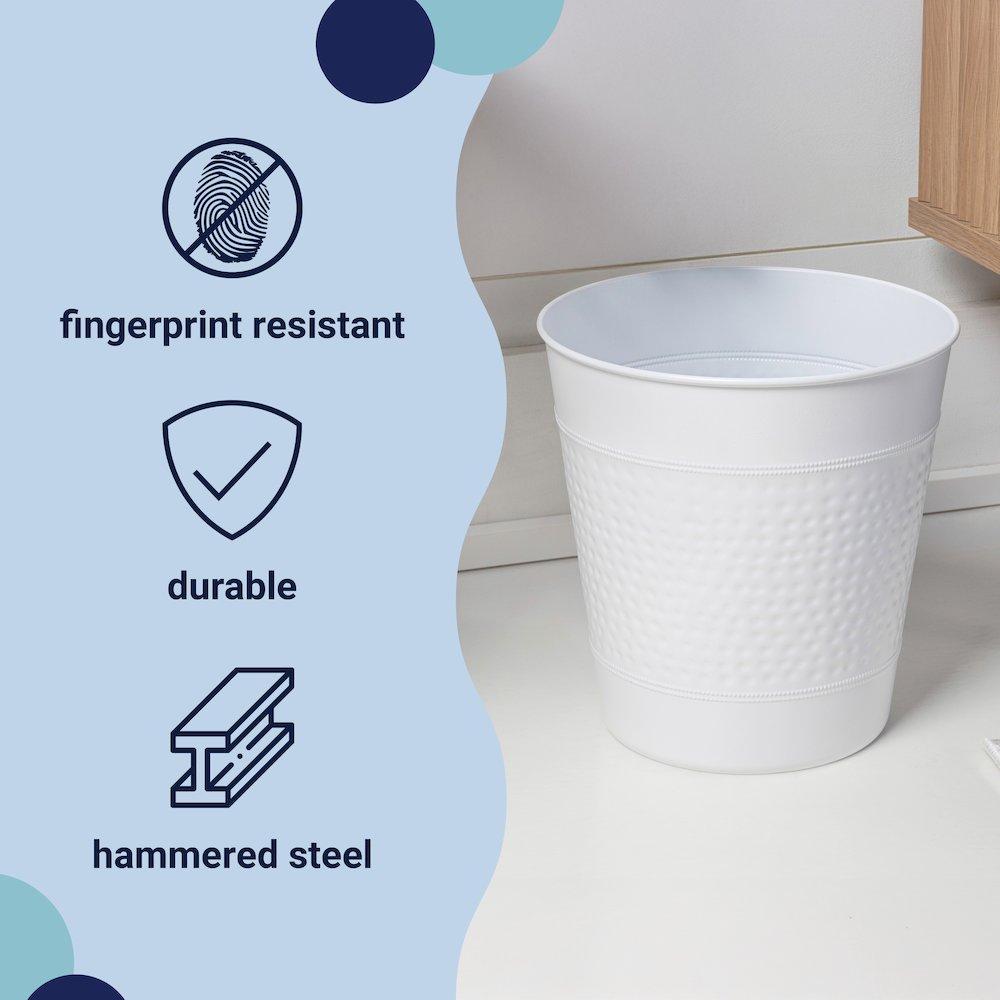 Riley Classic Hammered Steel Accent 2 Gal Waste Bin, Matte White (Set of 2). Picture 2