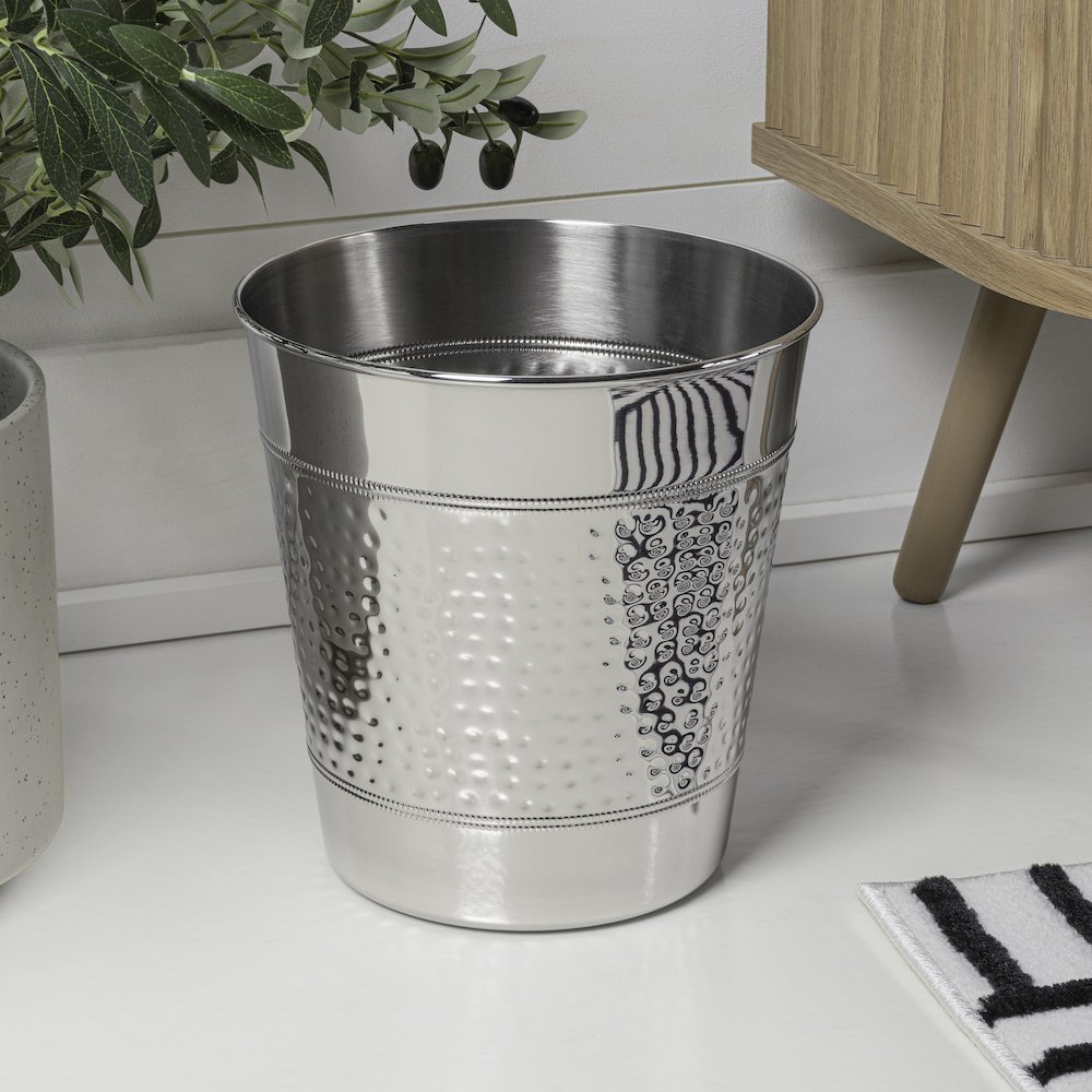 Riley Modern Classic Hammered Steel Accent 2-Gallon Wastebasket, Polished Steel. Picture 2