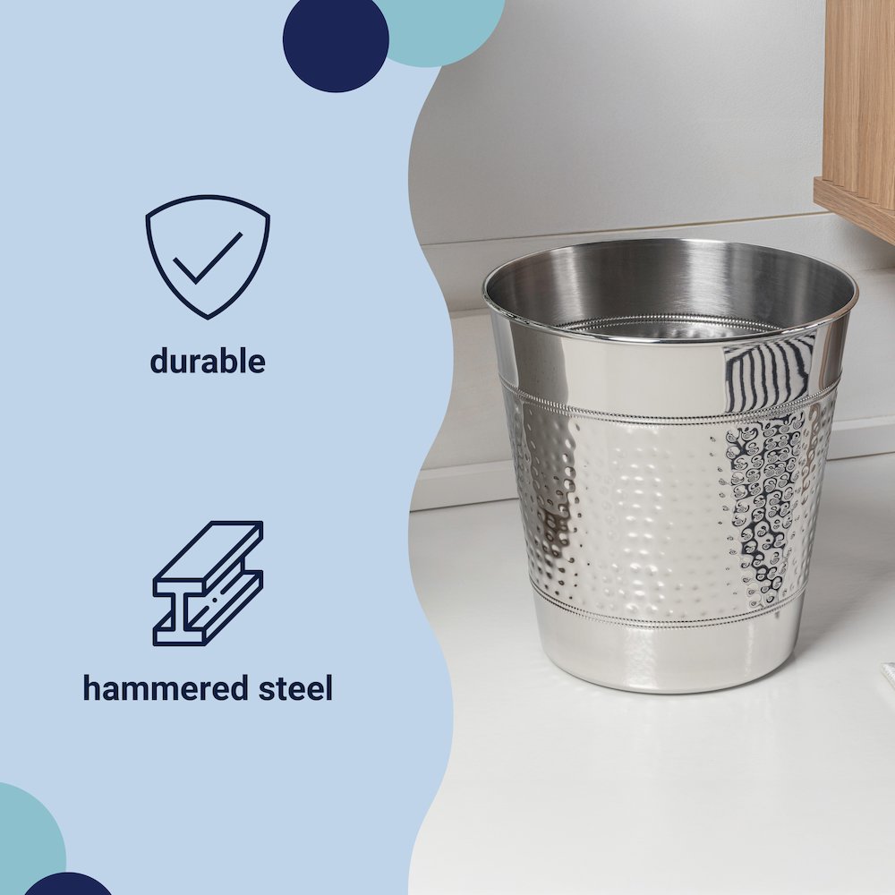 Riley Classic Hammered Steel Accent 2 Gal Waste Bin, Polished Steel (Set of 2). Picture 2