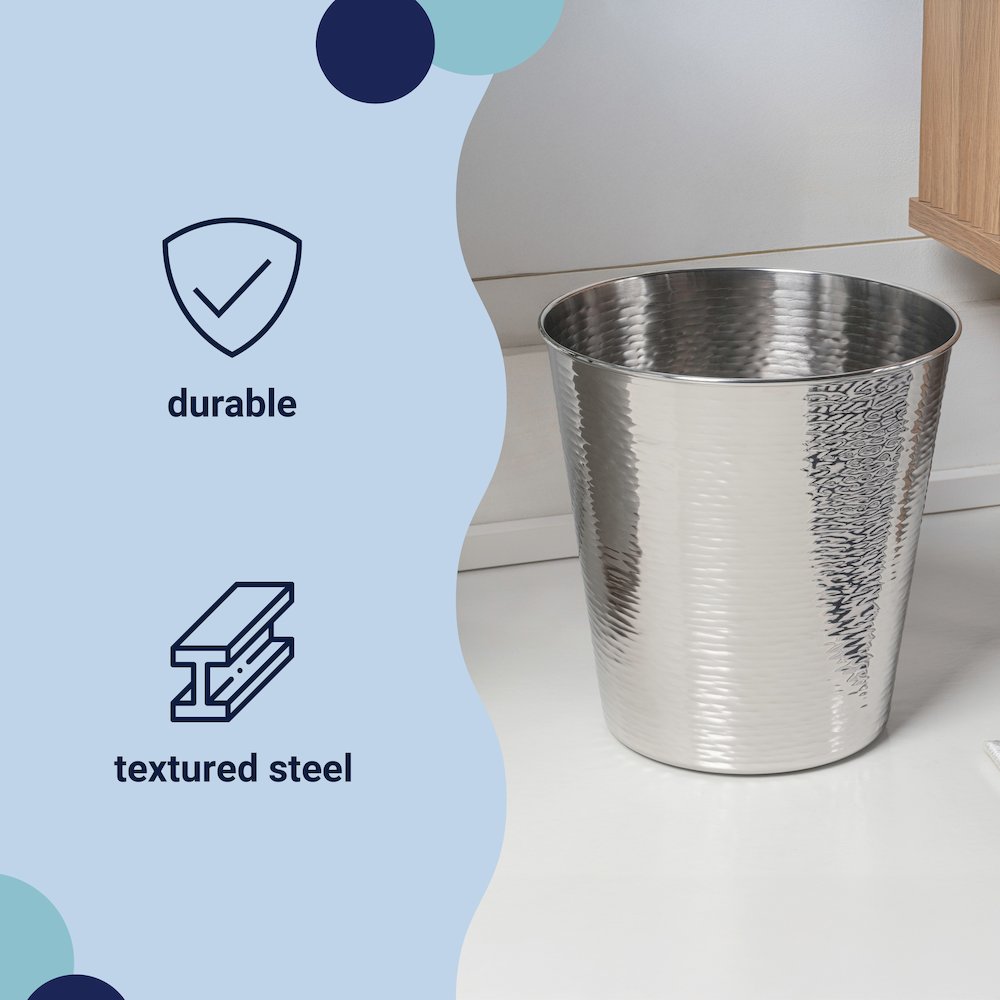 Remi Modern Classic Textured Steel 2 Waste Bin, Polished Steel (Set of 2). Picture 2