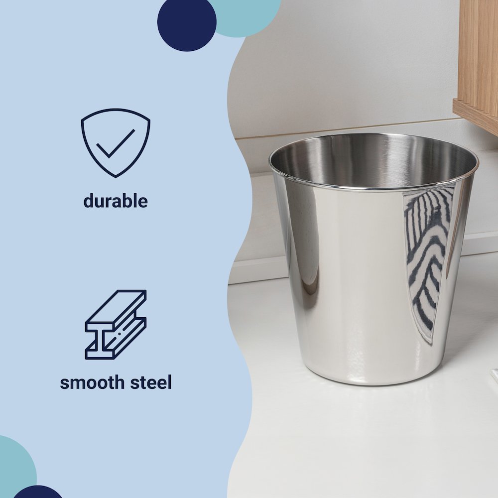 Nolan Modern Classic Smooth Steel 2 Gal Waste Bin, Polished Steel (Set of 2). Picture 2