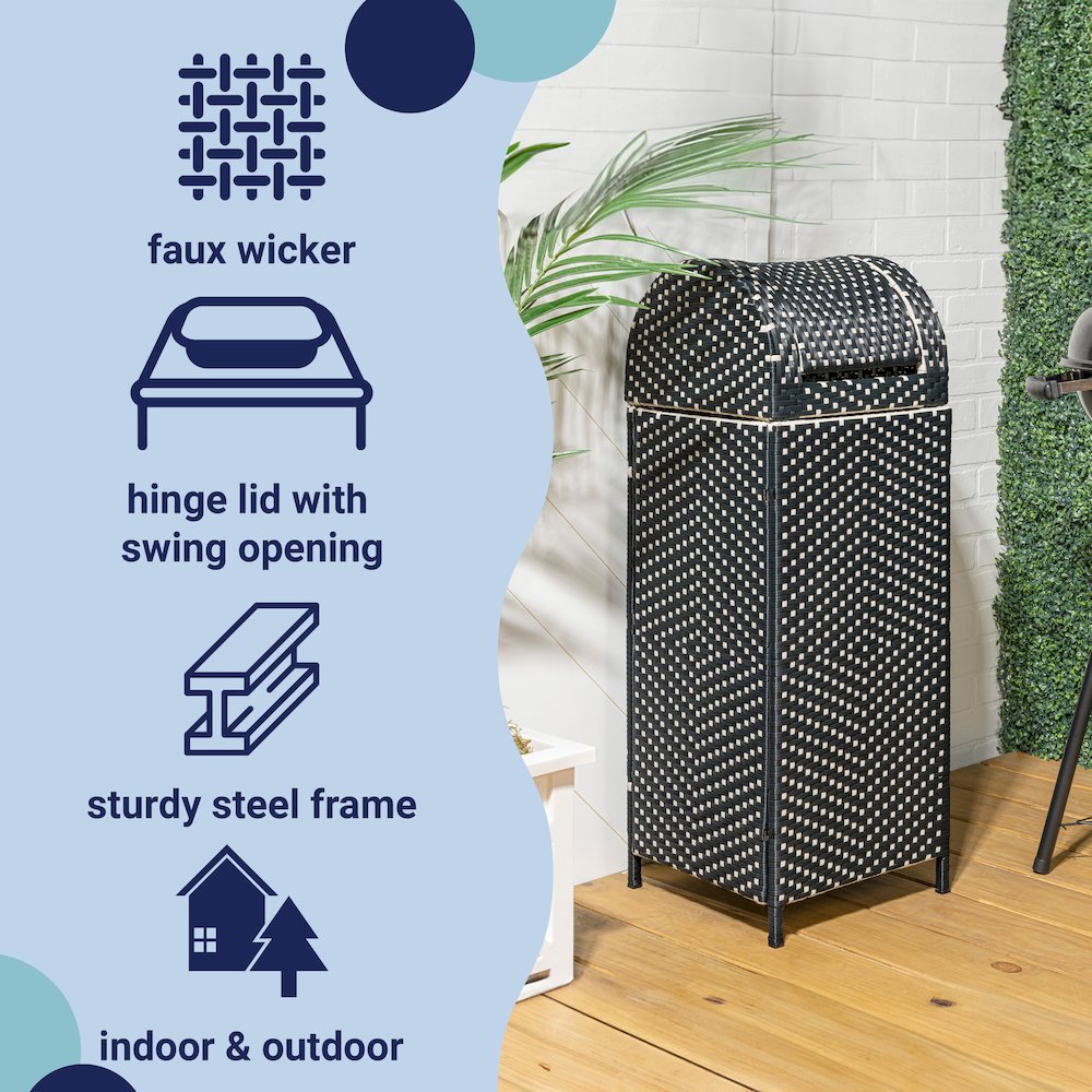 Ellison All-Weather Wicker/Metal Swing Top Hideaway Outdoor Trash Can, Brown. Picture 1
