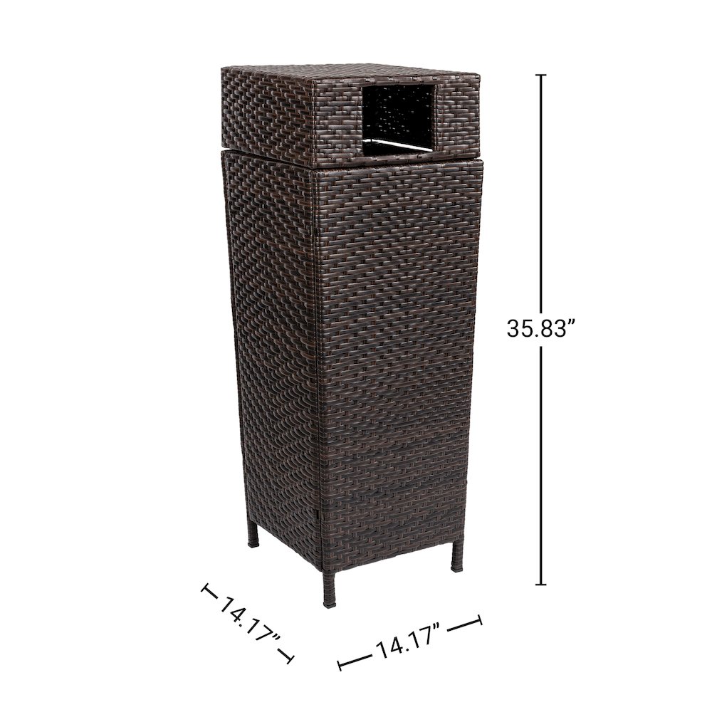 Keaton Modern All-Weather Wicker/Metal Lidded Hideaway Outdoor Trash Can, Brown. Picture 3