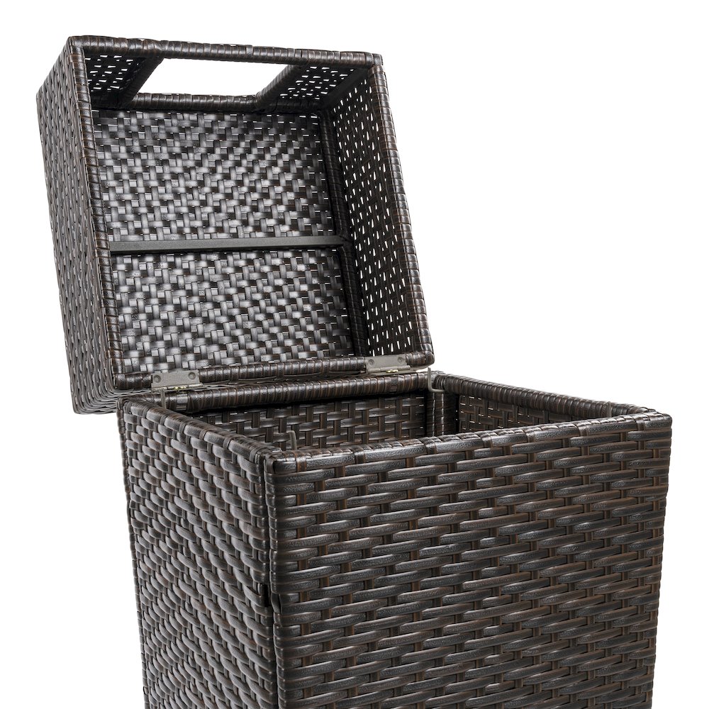 Keaton Modern All-Weather Wicker/Metal Lidded Hideaway Outdoor Trash Can, Brown. Picture 2