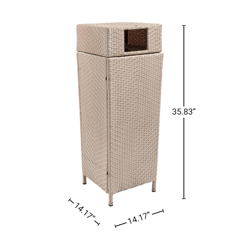 Keaton Modern All-Weather Wicker/Metal Lidded Hideaway Outdoor Trash Can, Brown. Picture 3