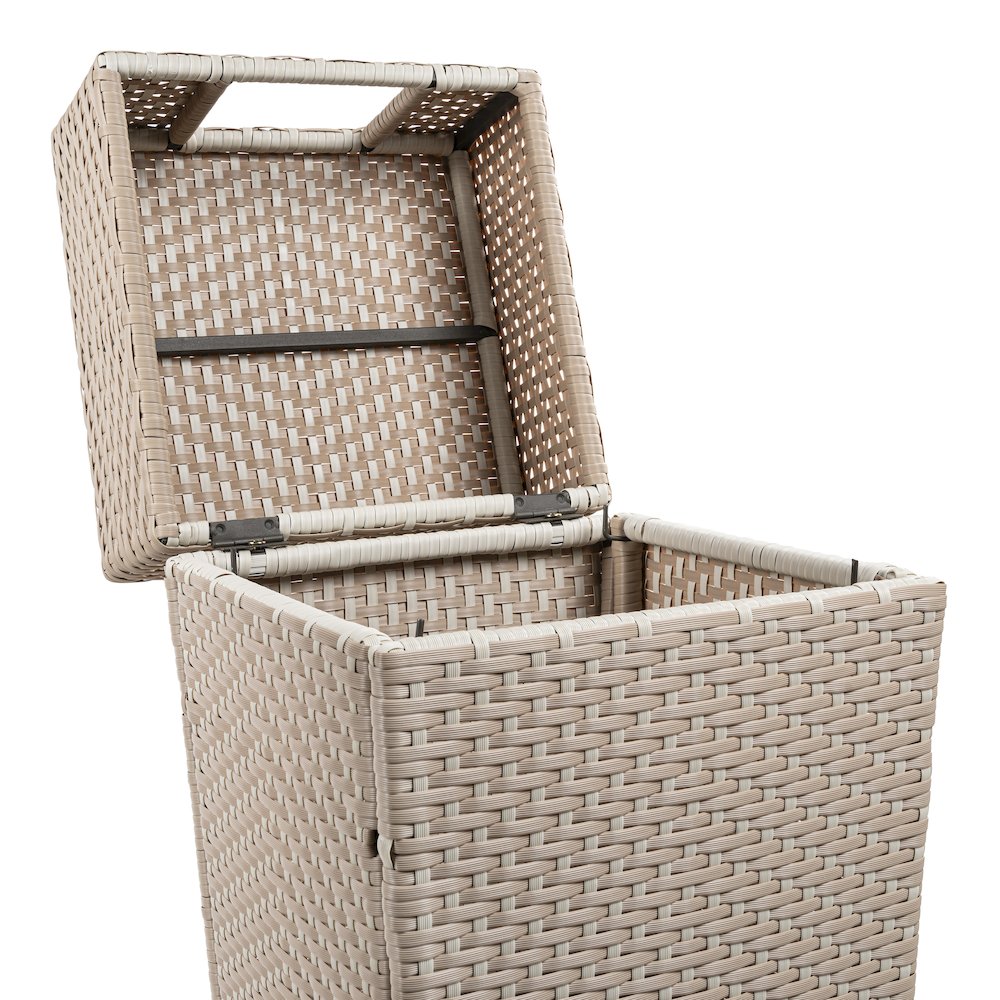 Keaton Modern All-Weather Wicker/Metal Lidded Hideaway Outdoor Trash Can, Brown. Picture 2