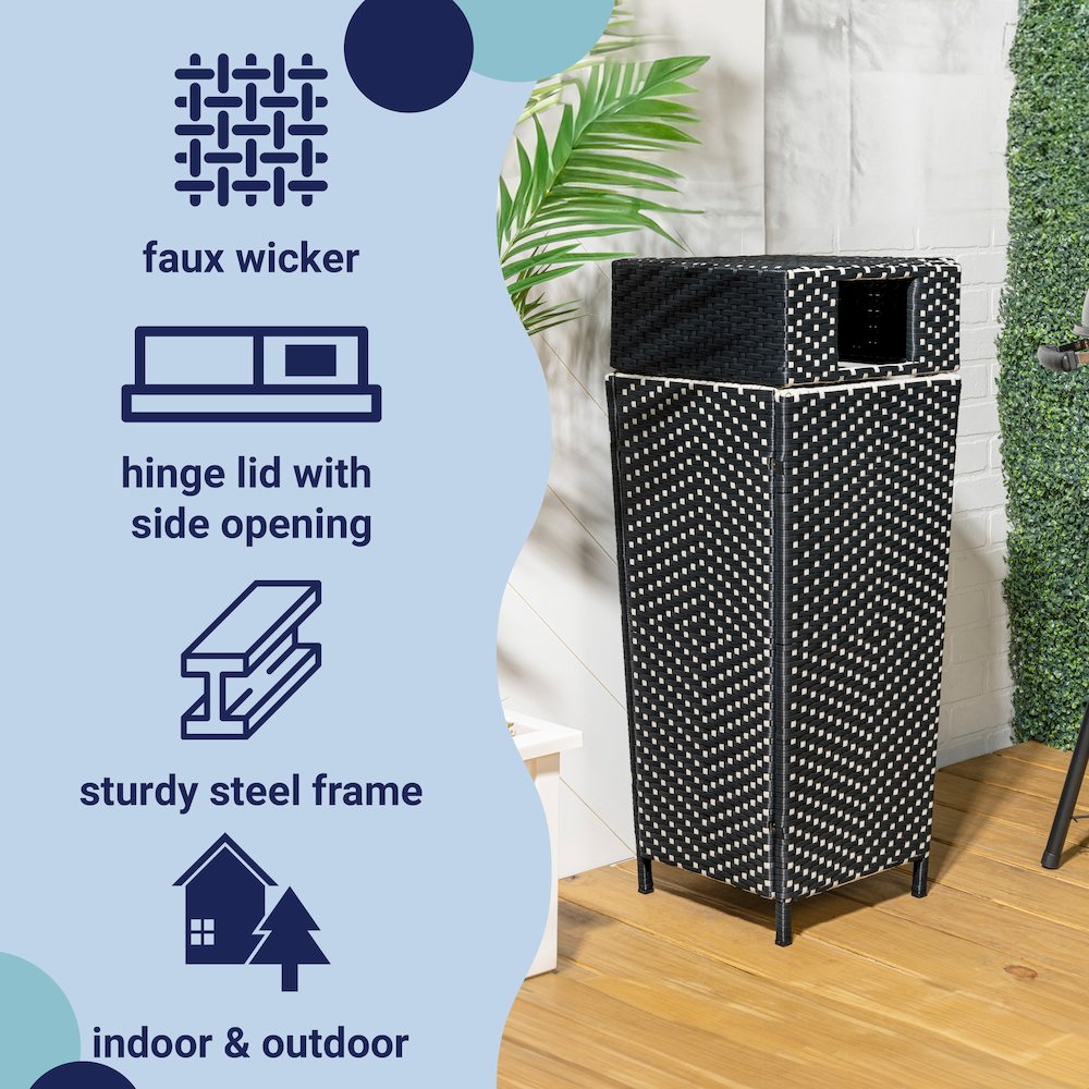 Keaton Modern All-Weather Wicker/Metal Lidded Hideaway Outdoor Trash Can, Brown. Picture 1