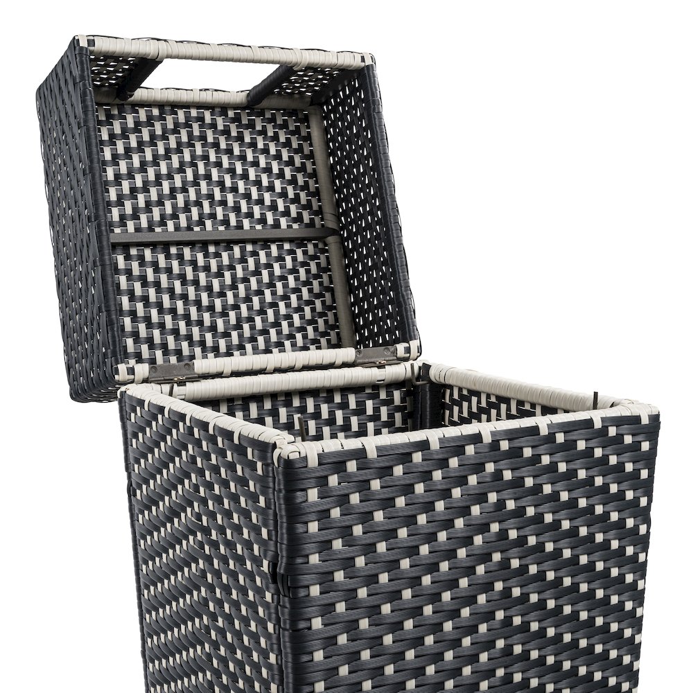 Keaton Modern All-Weather Wicker/Metal Lidded Hideaway Outdoor Trash Can, Brown. Picture 2