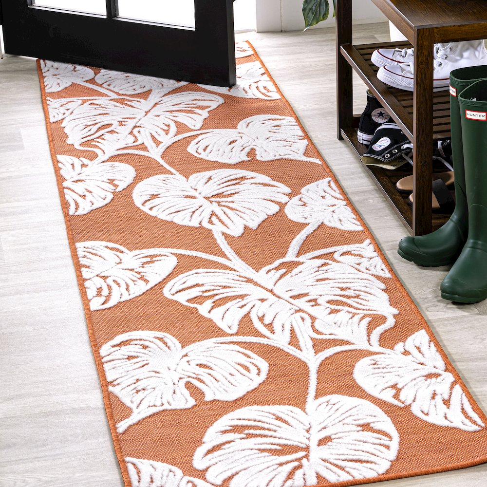 Tobago High-Low Two Tone Monstera Leaf Area Rug. Picture 2