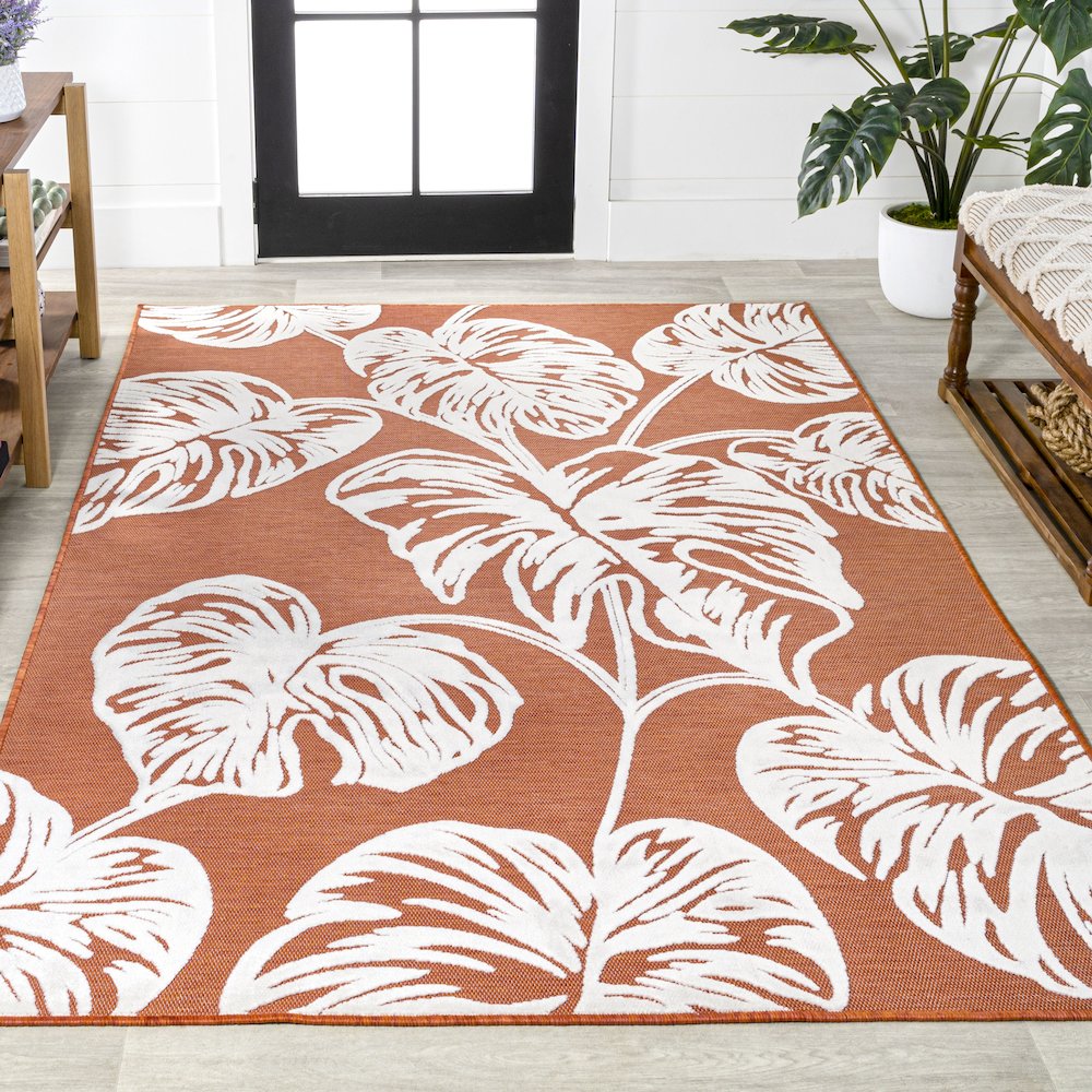 Tobago High-Low Two Tone Monstera Leaf Area Rug. Picture 4