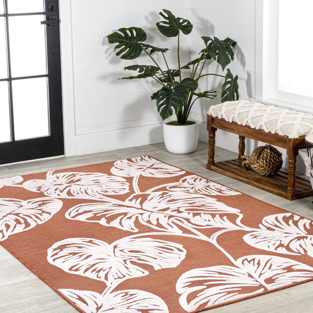 Tobago High-Low Two Tone Monstera Leaf Area Rug. Picture 5