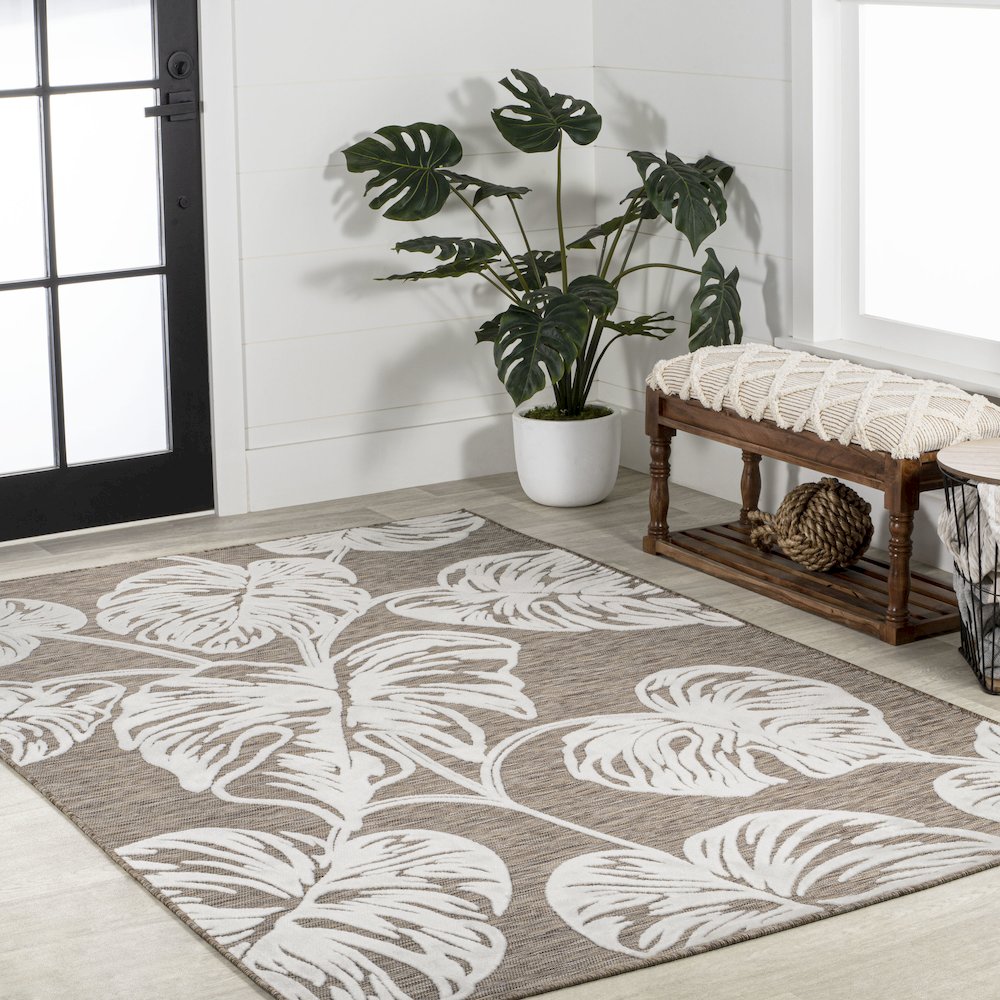Tobago High-Low Two Tone Monstera Leaf Area Rug. Picture 5