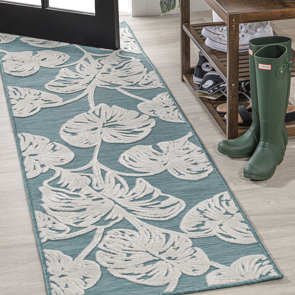 Tobago High-Low Two Tone Monstera Leaf Area Rug. Picture 2