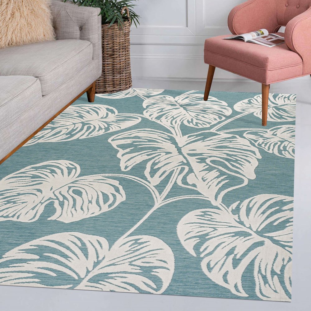 Tobago High-Low Two Tone Monstera Leaf Area Rug. Picture 10