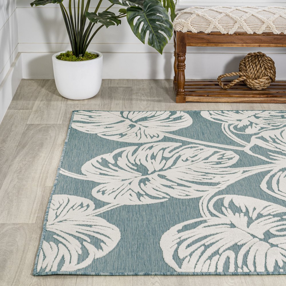 Tobago High-Low Two Tone Monstera Leaf Area Rug. Picture 3