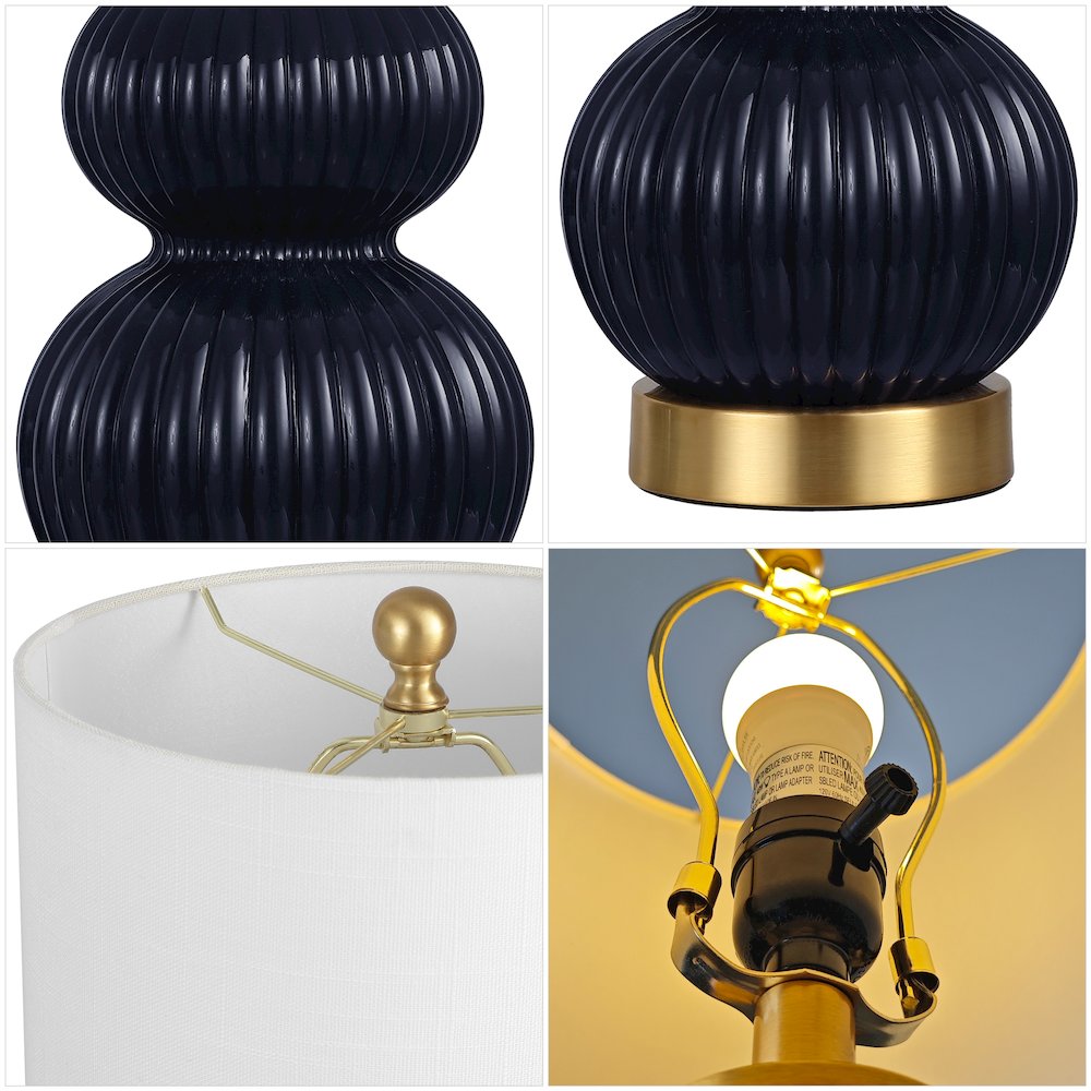 20" Contemporary Transitional Metal/Glass Ribbed Gourd LED Table Lamp, Navy. Picture 4