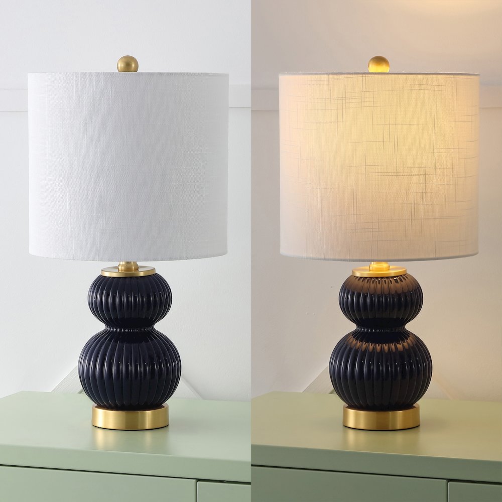 20" Contemporary Transitional Metal/Glass Ribbed Gourd LED Table Lamp, Navy. Picture 5