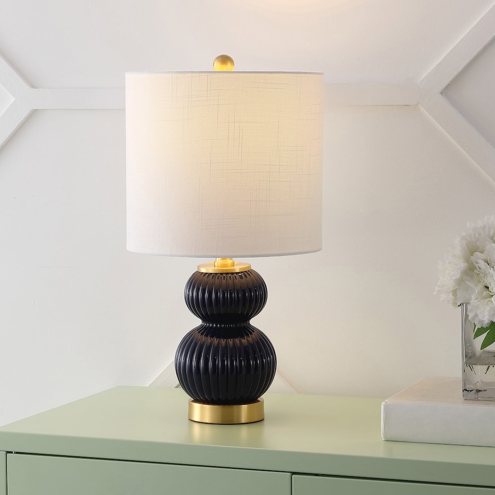 20" Contemporary Transitional Metal/Glass Ribbed Gourd LED Table Lamp, Navy. Picture 7