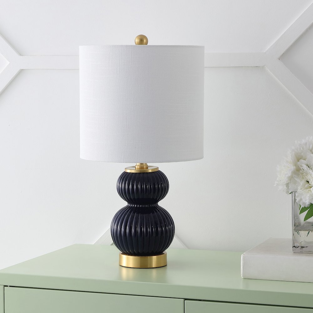 20" Contemporary Transitional Metal/Glass Ribbed Gourd LED Table Lamp, Navy. Picture 2