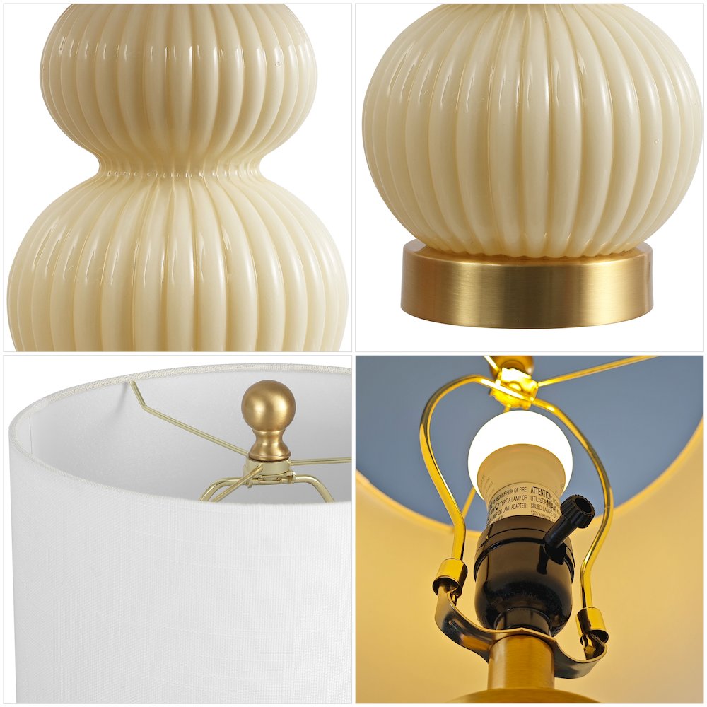 20" Contemporary Transitional Metal/Glass Ribbed Gourd LED Table Lamp, Ivory. Picture 4