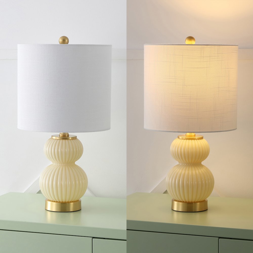 20" Contemporary Transitional Metal/Glass Ribbed Gourd LED Table Lamp, Ivory. Picture 5