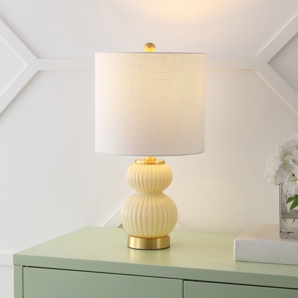 20" Contemporary Transitional Metal/Glass Ribbed Gourd LED Table Lamp, Ivory. Picture 7