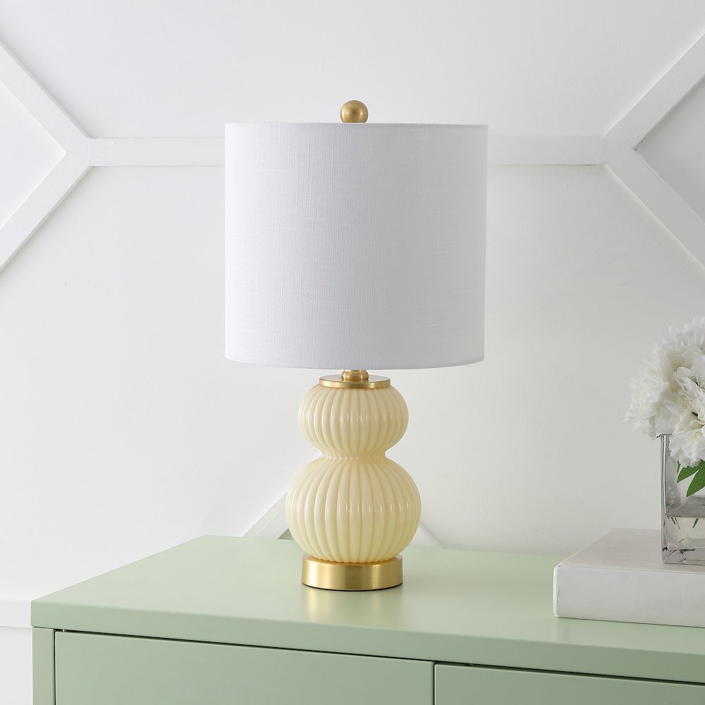 20" Contemporary Transitional Metal/Glass Ribbed Gourd LED Table Lamp, Ivory. Picture 2