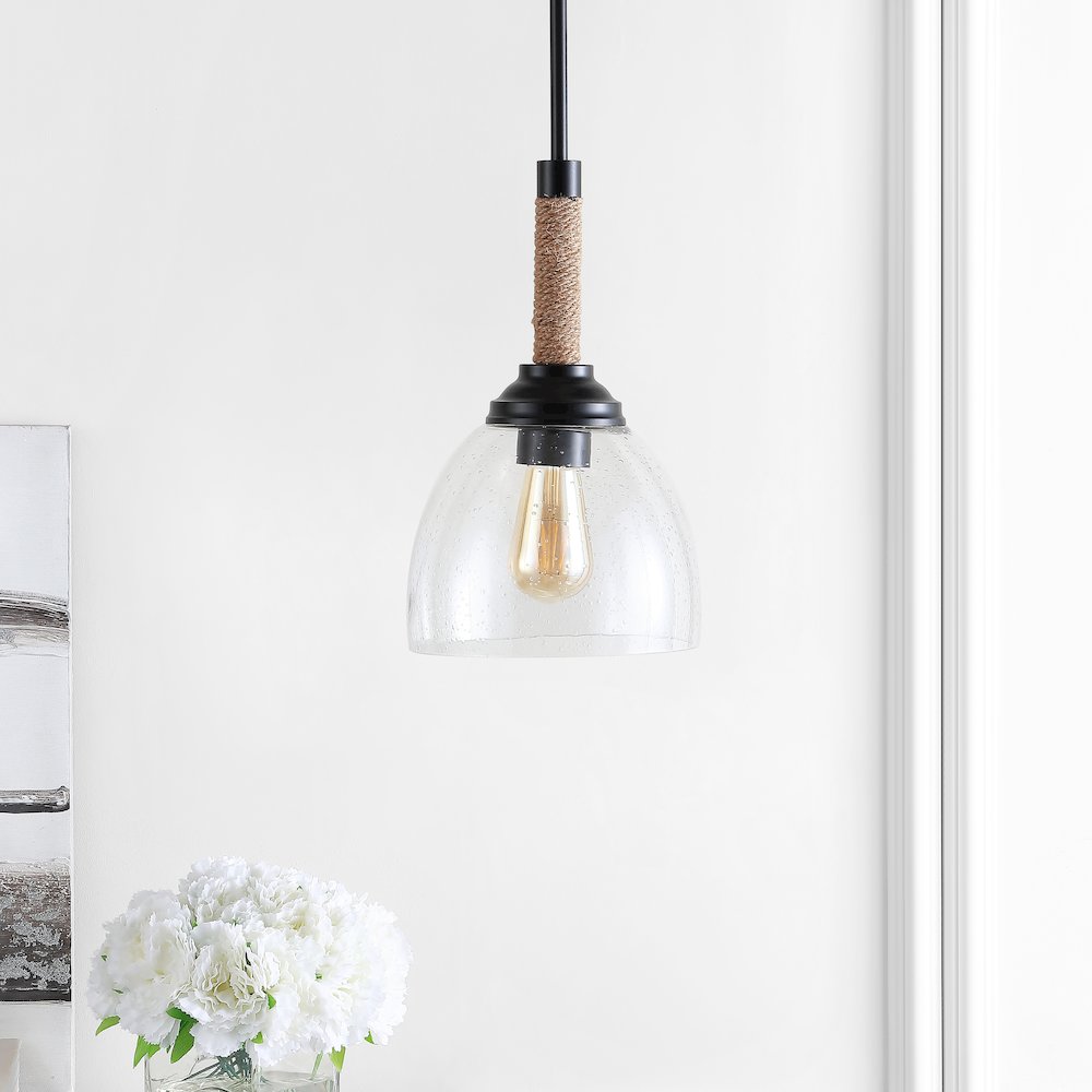 Alys Adjustable Rope Wrap Modern Rustic Iron/Glass Led Pendant. Picture 8