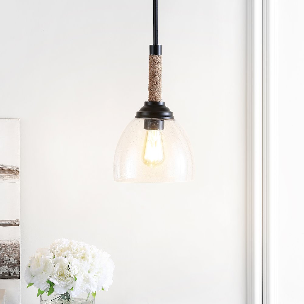 Alys Adjustable Rope Wrap Modern Rustic Iron/Glass Led Pendant. Picture 7
