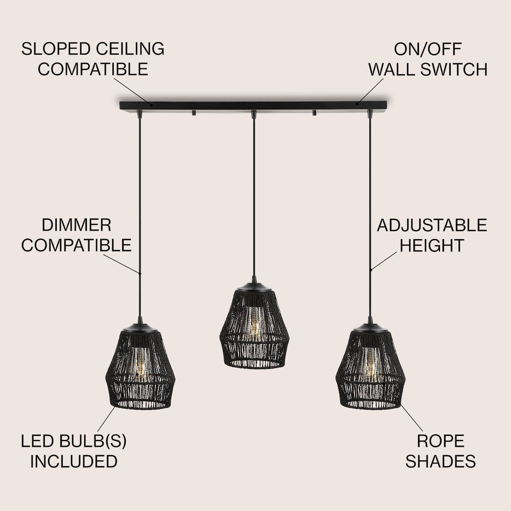 Ibiza 3-Light Woven Rope/Metal Bohemian Coastal Led Linear Pendant. Picture 5