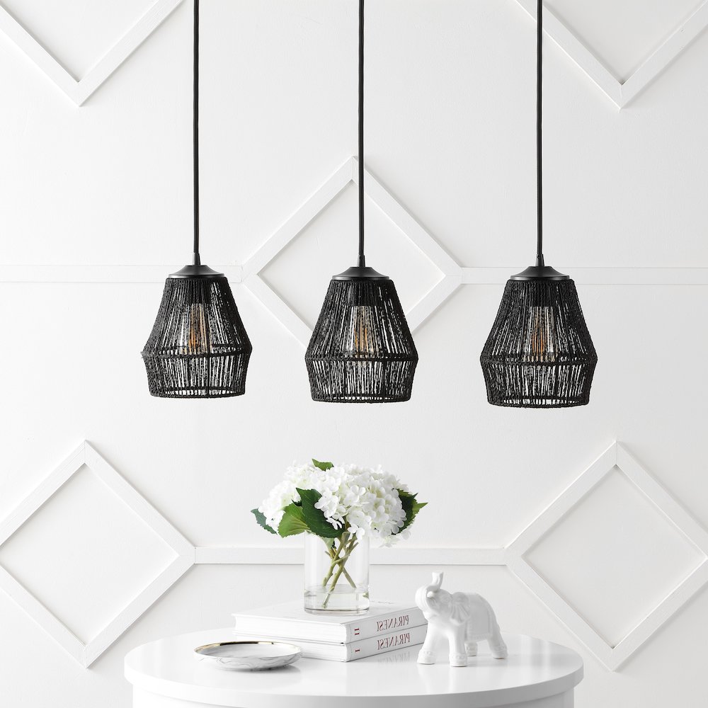 Ibiza 3-Light Woven Rope/Metal Bohemian Coastal Led Linear Pendant. Picture 1