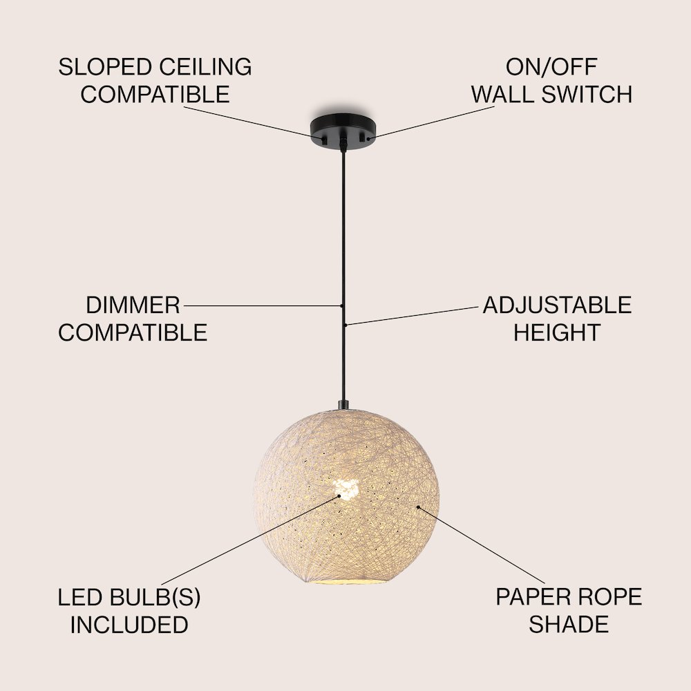 Lacey 1-Light Bohemian Minimalist Iron/Rope Woven Globe Led Pendant. Picture 5