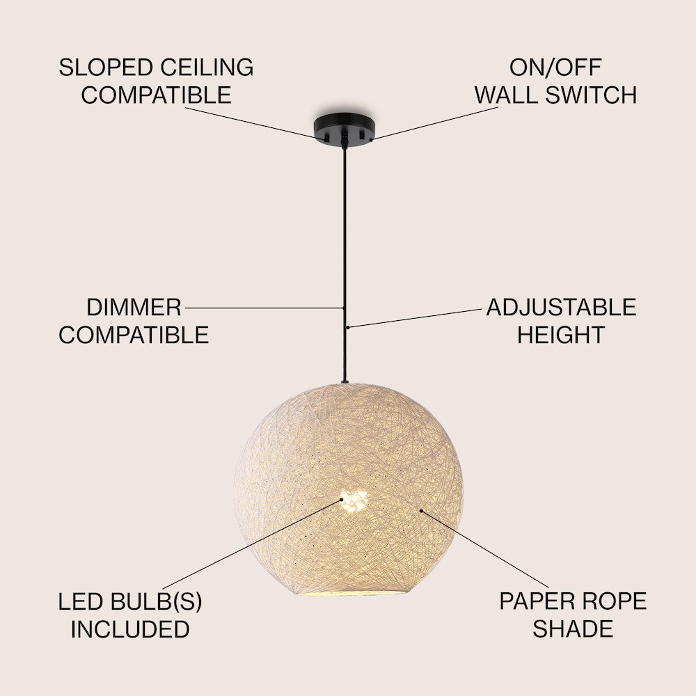 Lacey 1-Light Bohemian Minimalist Iron/Rope Woven Globe Led Pendant. Picture 5