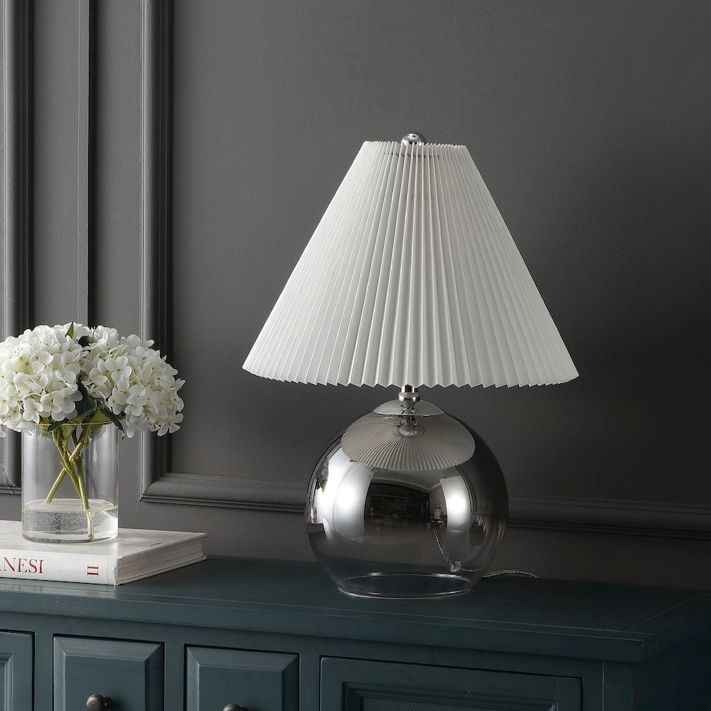 Louisa Mid-Century Modern Round Glass/Iron Pleated Shade Led Table Lamp. Picture 1