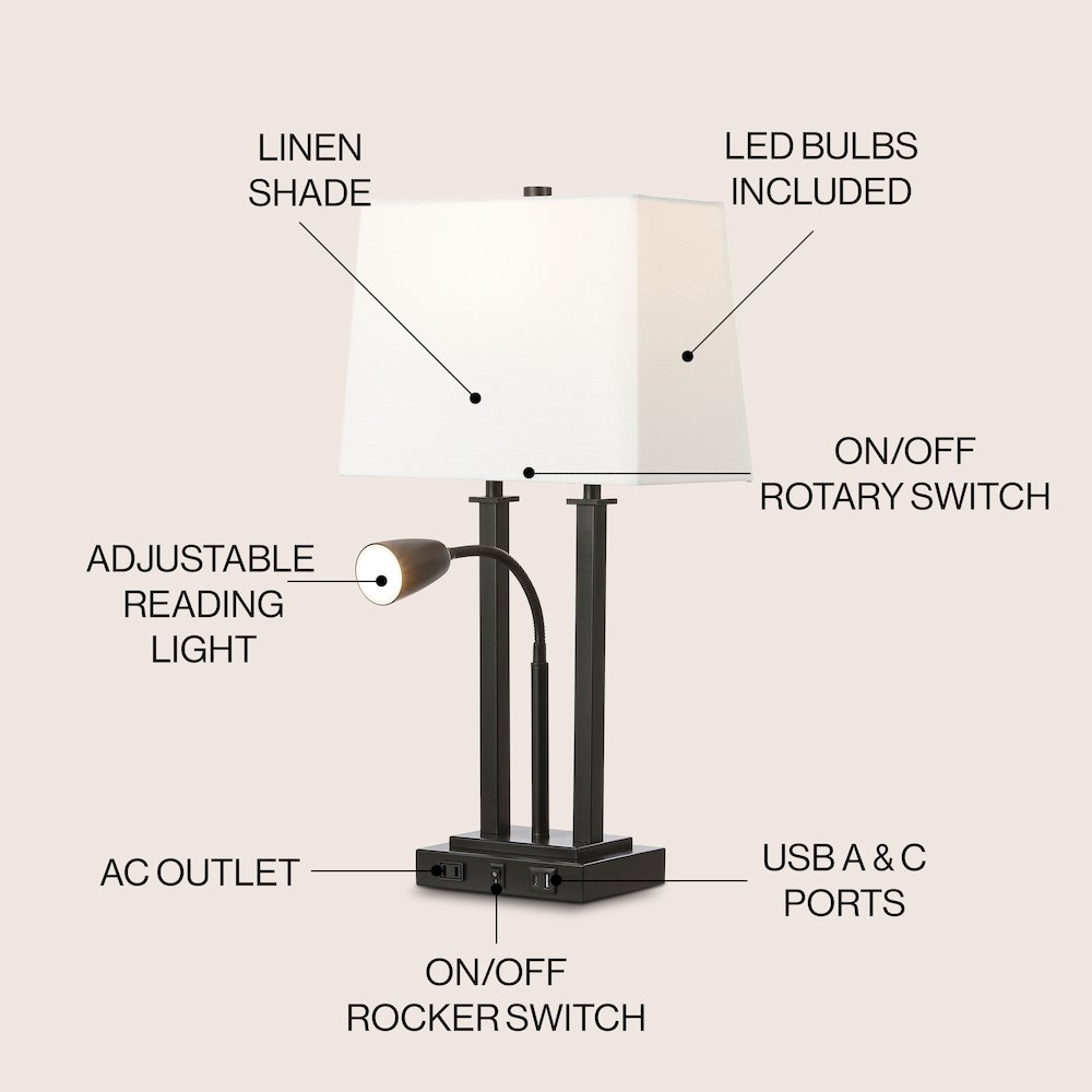 Blaire 2-Light Modern Farmhouse Metal Led Table Lamp With Usb Charging Port. Picture 4