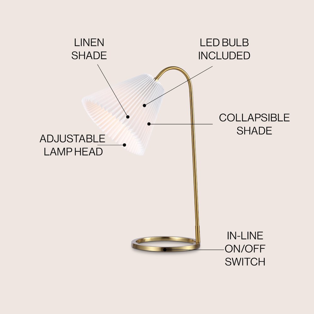 Callie Modern Glam Metal Arc Adjustable Head Led Table Lamp With Pleated Shade. Picture 5