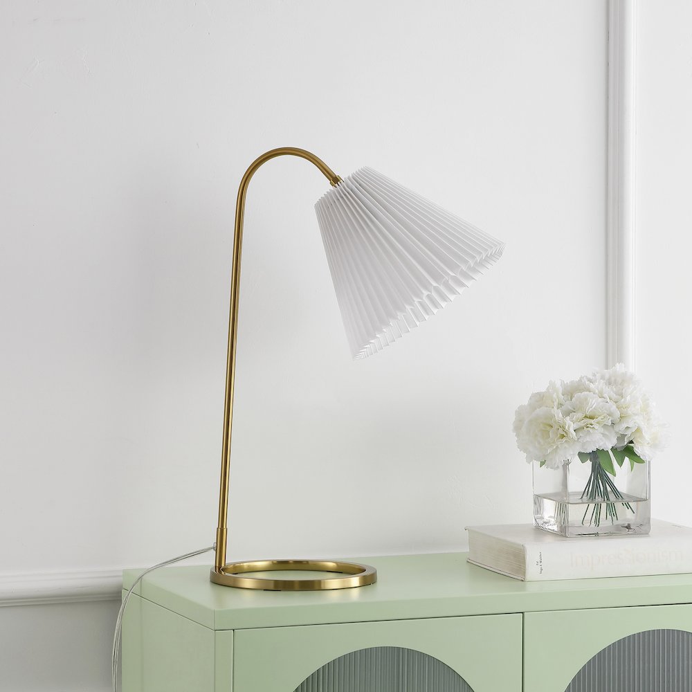 Callie Modern Glam Metal Arc Adjustable Head Led Table Lamp With Pleated Shade. Picture 1