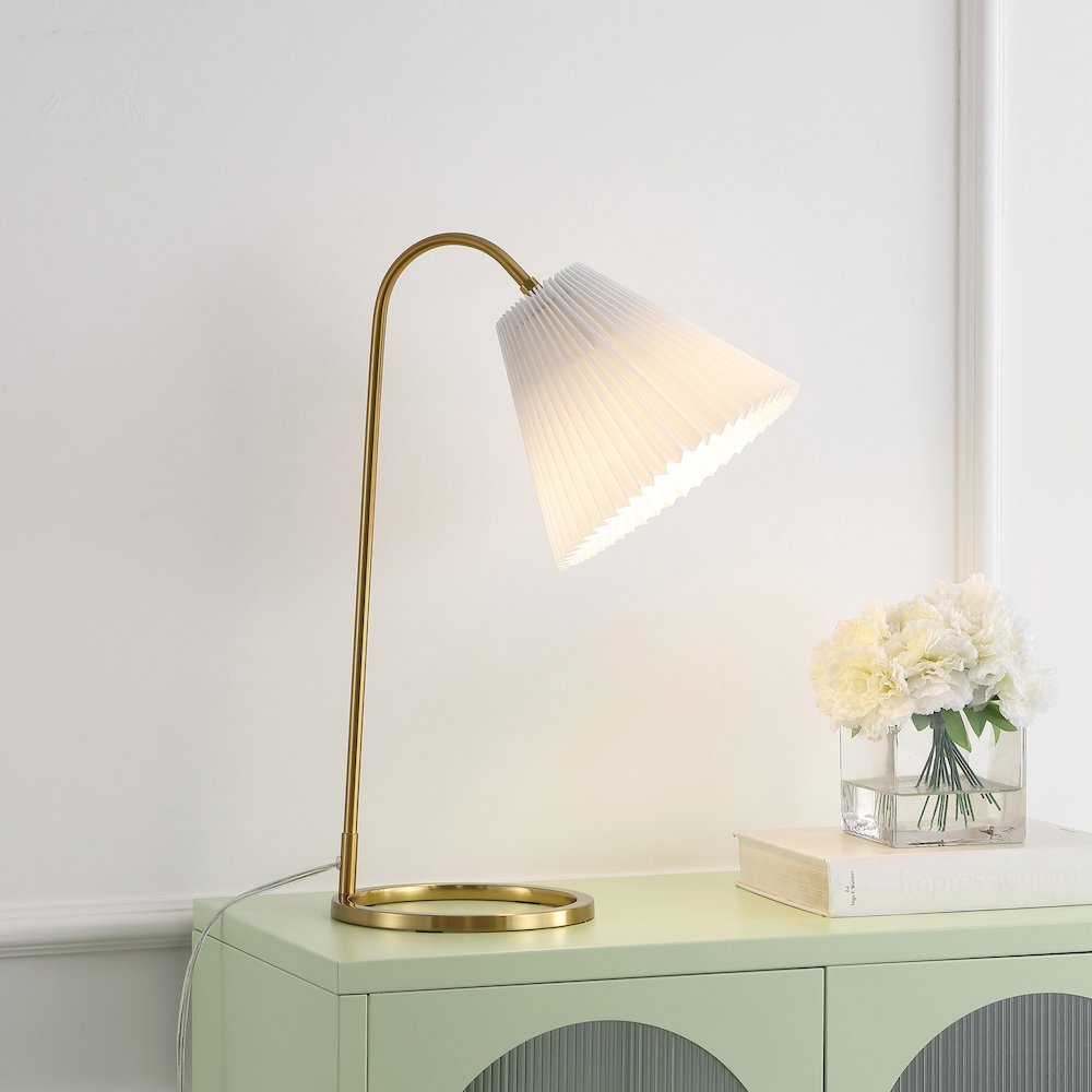 Callie Modern Glam Metal Arc Adjustable Head Led Table Lamp With Pleated Shade. Picture 2