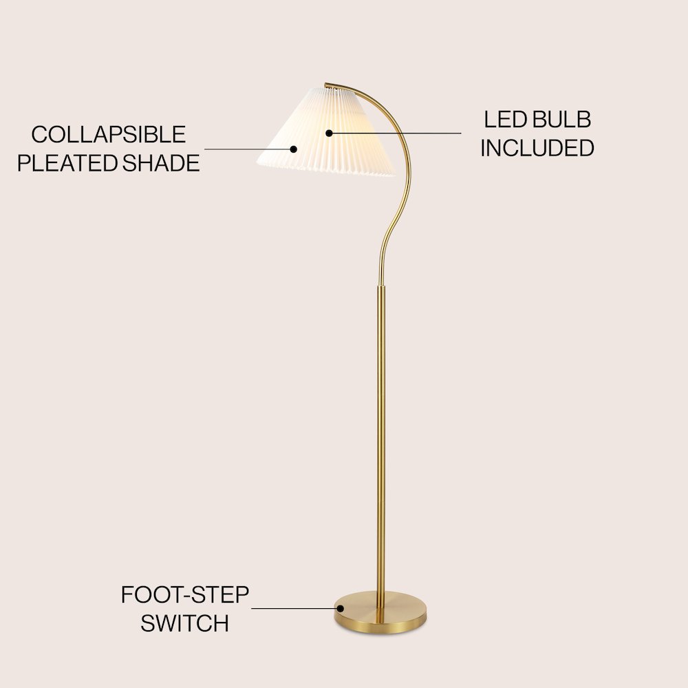 Devon Modern Glam Metal Arc Led Floor Lamp With Pleated Shade. Picture 5