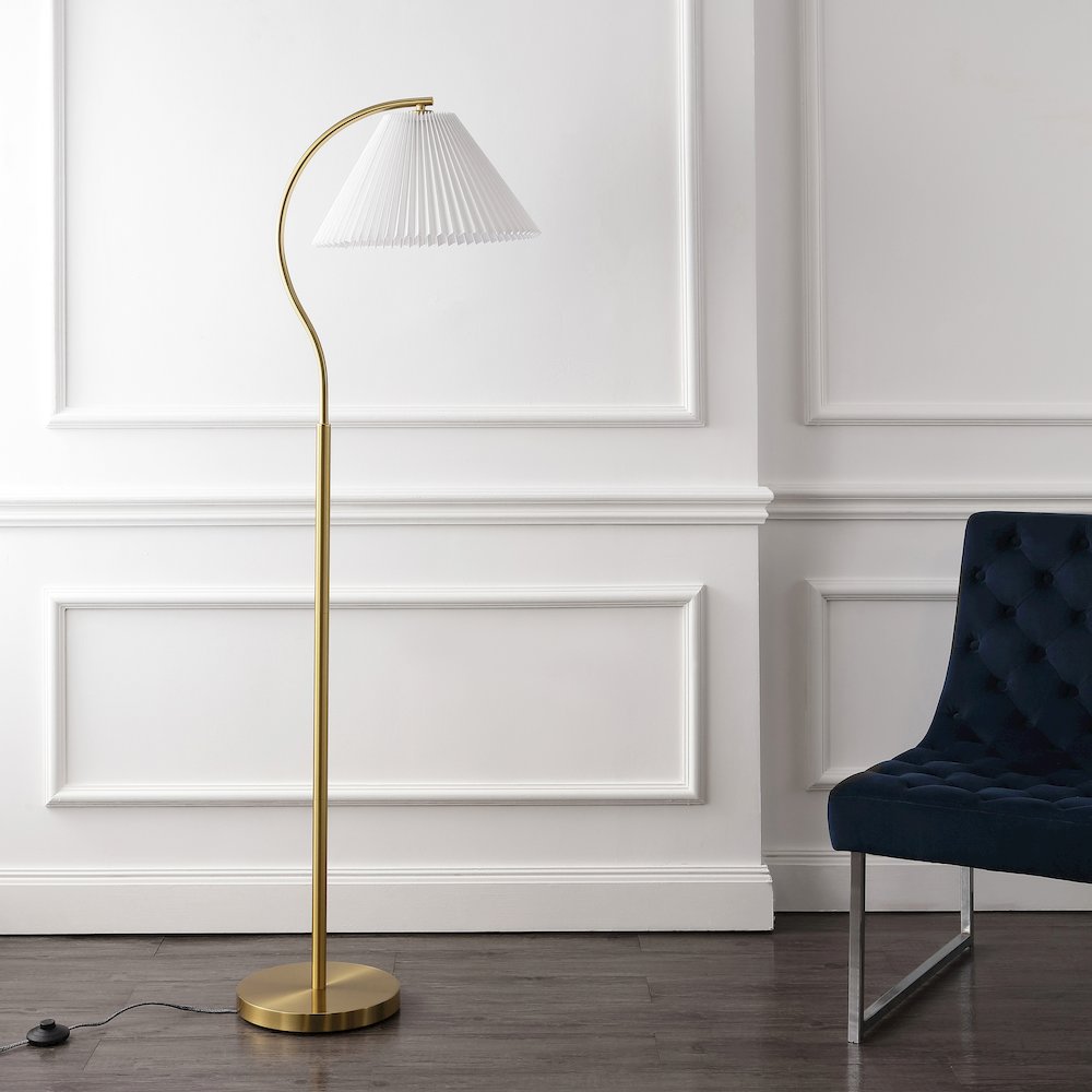 Devon Modern Glam Metal Arc Led Floor Lamp With Pleated Shade. Picture 1