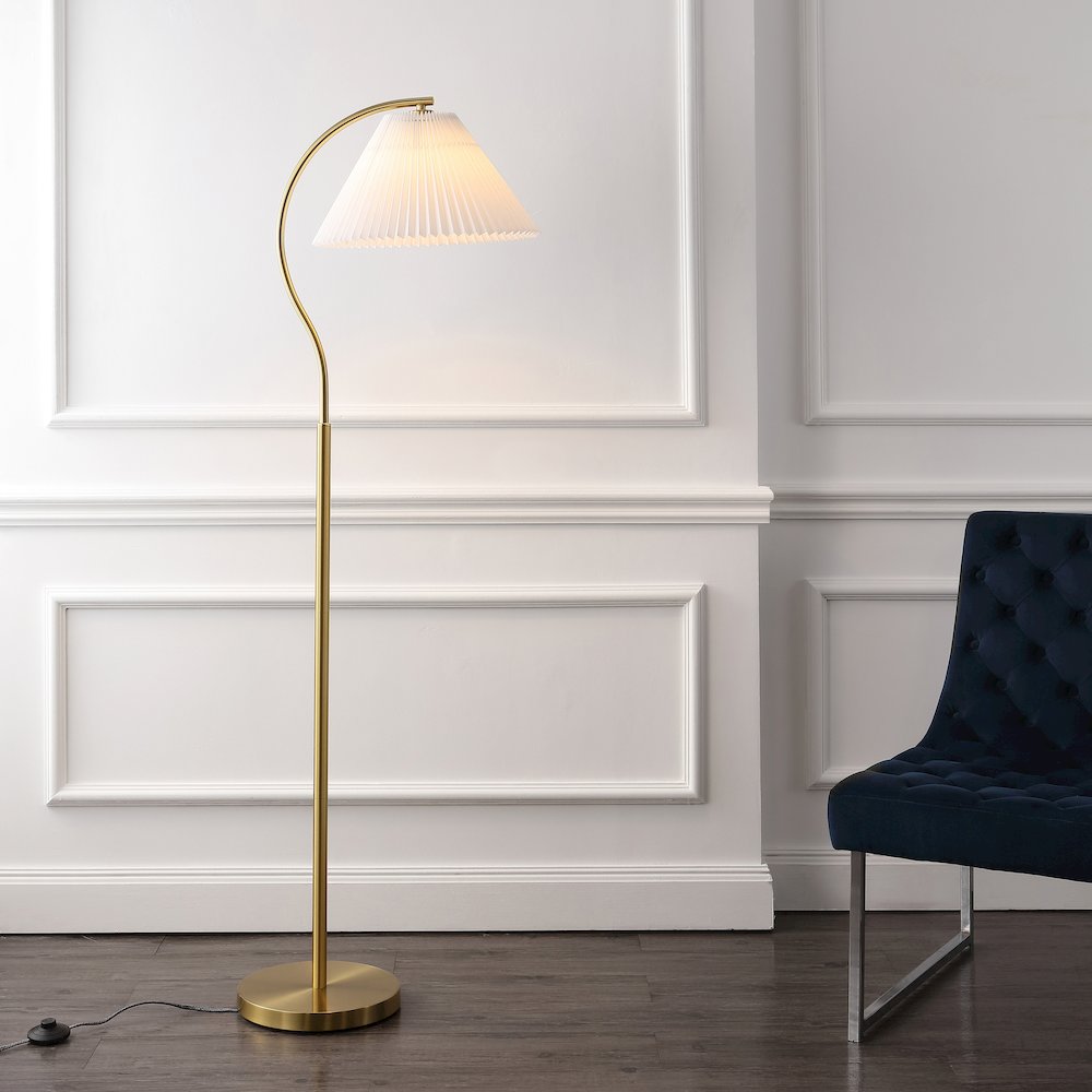 Devon Modern Glam Metal Arc Led Floor Lamp With Pleated Shade. Picture 2