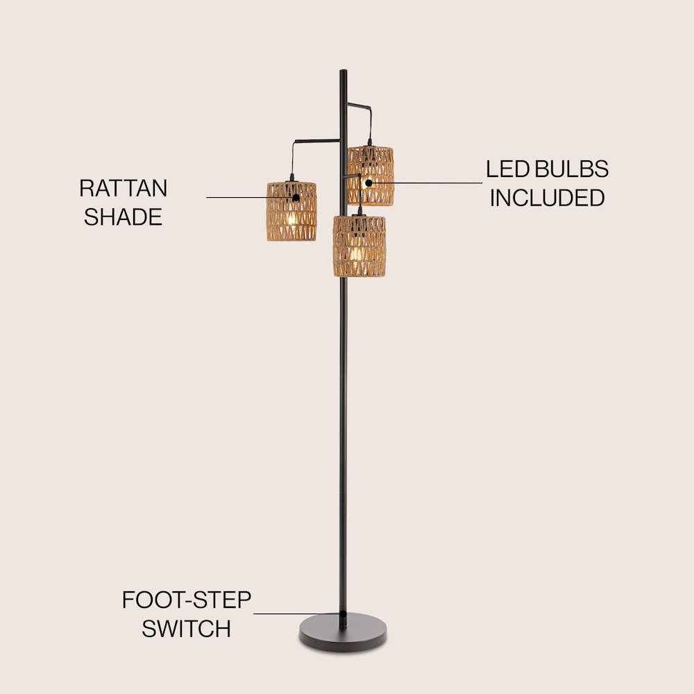Isla 3-Light Mid-Century Bohemian Metal/Rope Led Floor Lamp. Picture 5